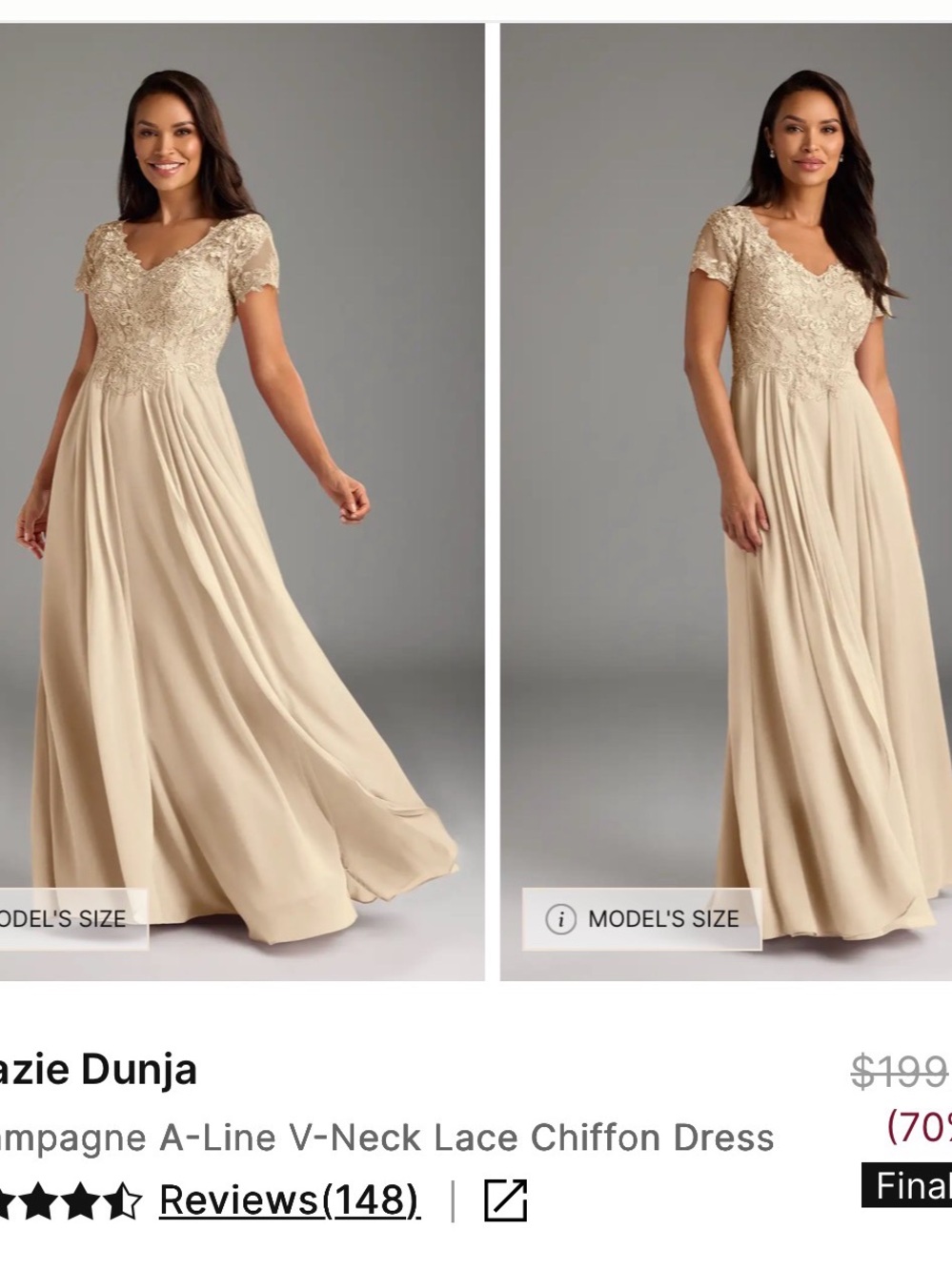 Azazie Dunja Champagne A-Line V-Neck Lace Chiffon Maxi Dress 14 NWT